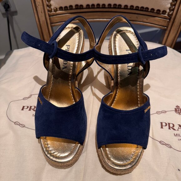 Prada Women's Suede Espadrille Wedge Sandals in Blue Suede - Picture 1 of 6